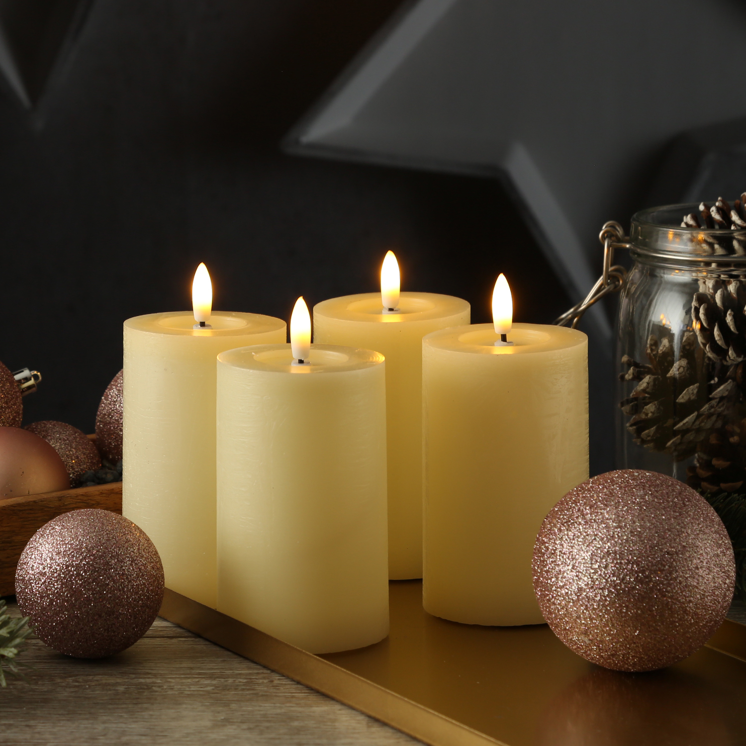 LED Kerzenset LINA - Rustik-Optik - Echtwachs - H: 11cm - D: 7cm - Timer - creme - 4er Set