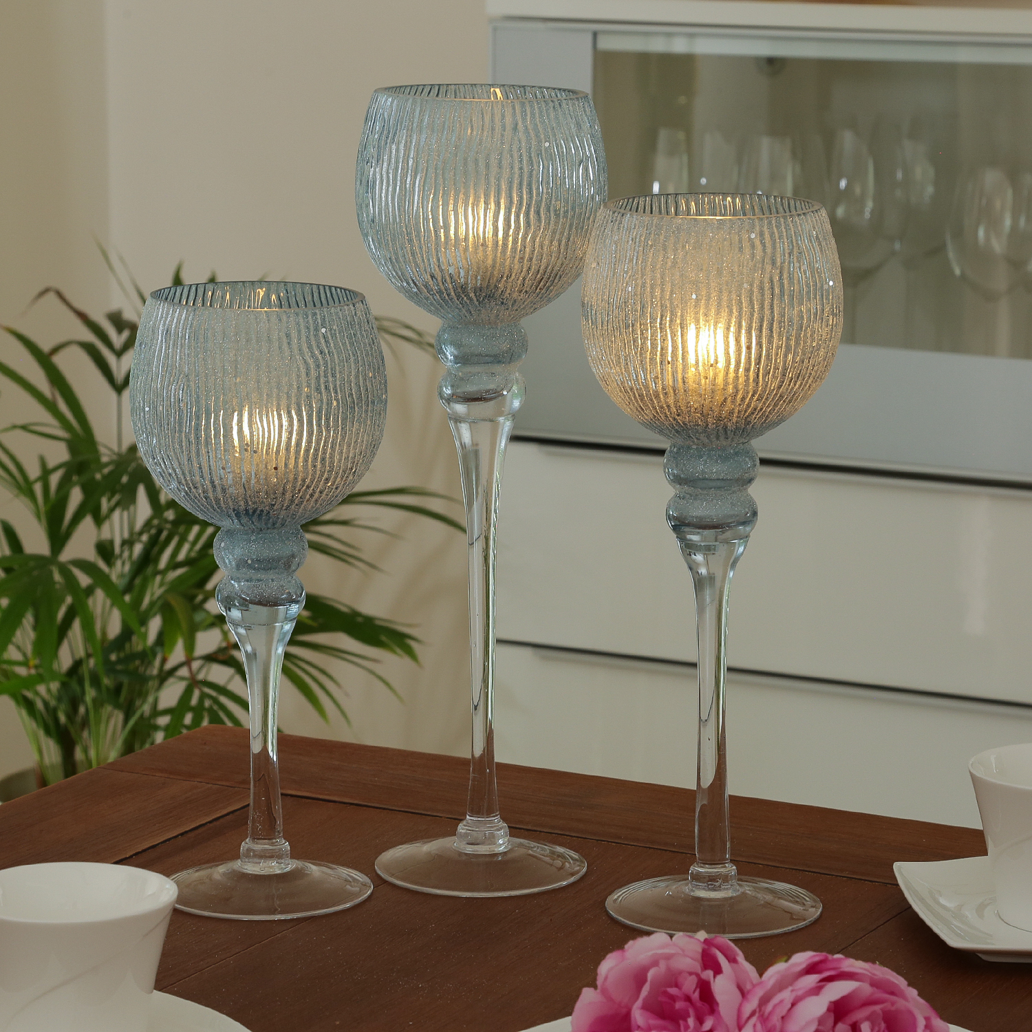 Kerzenhalter Kelch - Windlicht - Glas - H: 30,5cm/34,5cm/40cm - glitzernd - blau - 3er Set