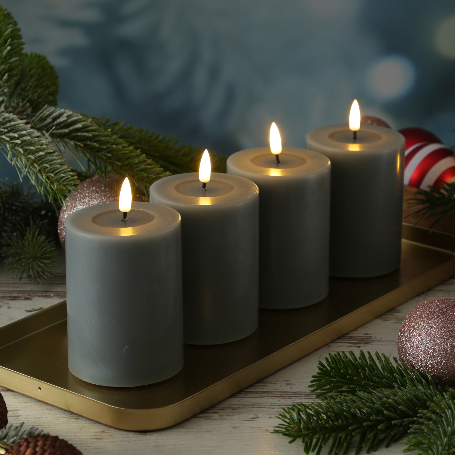 LED Kerzenset MIA - Echtwachs - H: 10cm/D: 7,5cm - mit Batterien/Fernbedienung - grau - 4er Set