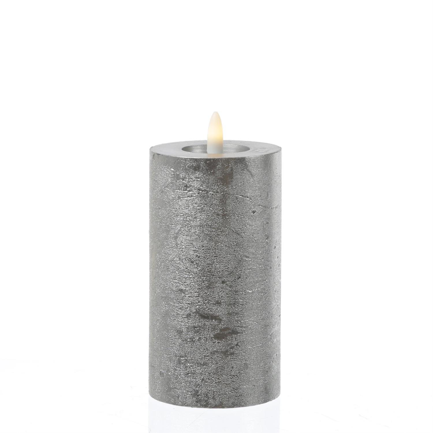 B-Ware LED Kerze LINA - Rustik-Optik - Echtwachs - 3D Flamme - H: 15cm - D: 7cm - Timer - silber