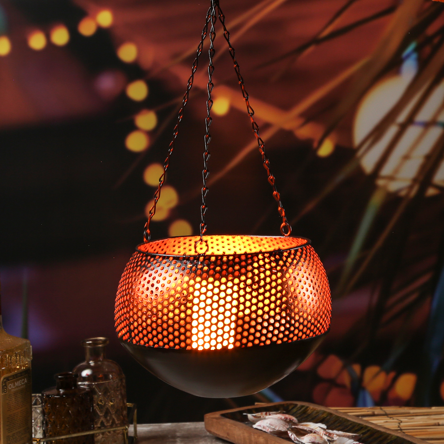 LED Solar Laterne FLAME - Hängeleuchte - Flammeneffekt - D: 21cm - Lichtsensor - kupfer