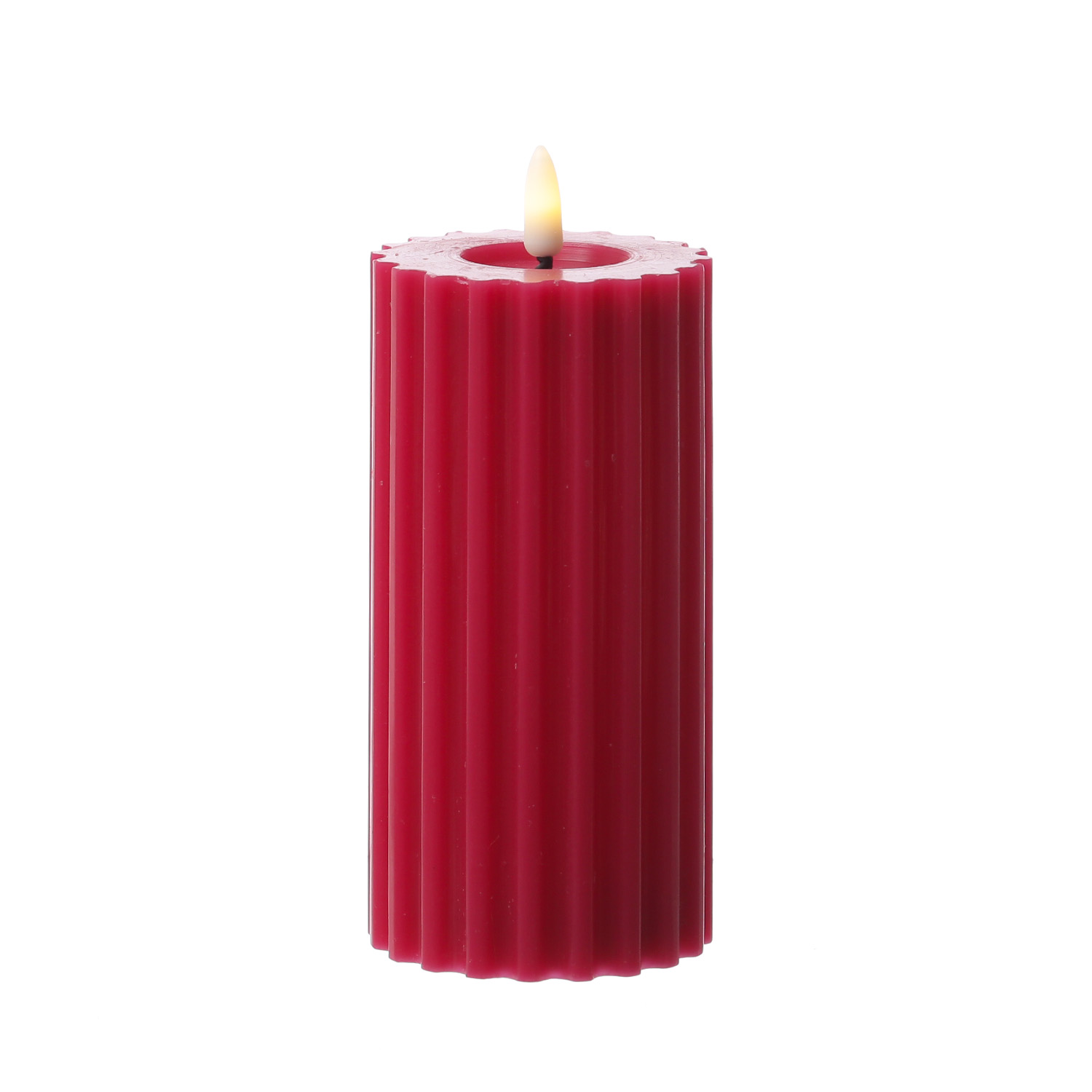 LED Kerze LIV - gerillt - Echtwachs - warmweiße 3D Flamme - H: 17,5cm - D: 7,5cm - Timer - beerenrot