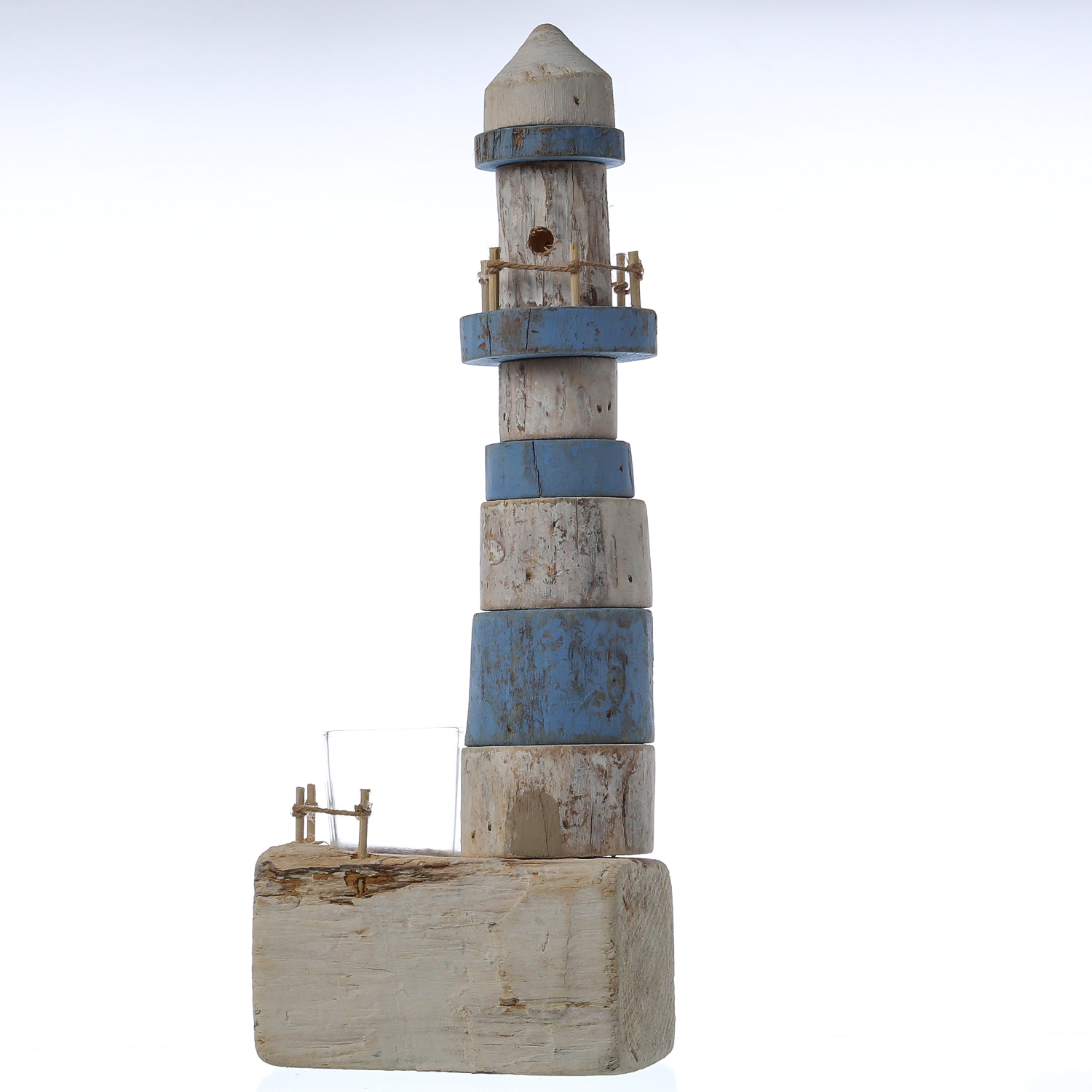 Teelichthalter Leuchtturm - Windlicht - Maritim - Holz - H: 39,5cm - weiß/blau