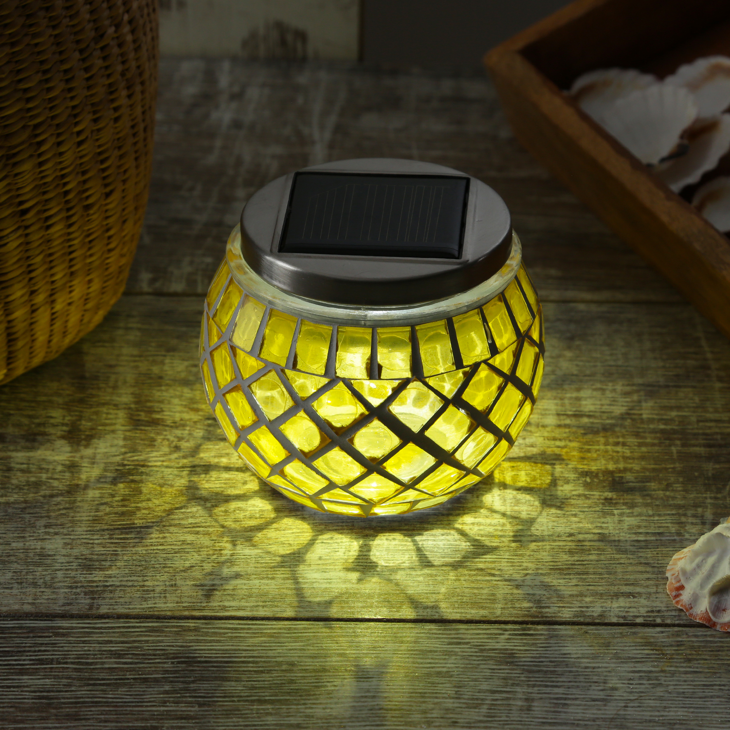 LED Solar Windlicht - Mosaik Solarglas - kaltweiße LED - Lichtsensor - H: 9cm - für Außen - gelb LED Solar Windlicht - Mosaik Solarglas - kaltweiße LED - Lichtsensor - H: 9cm - für Außen - gelb