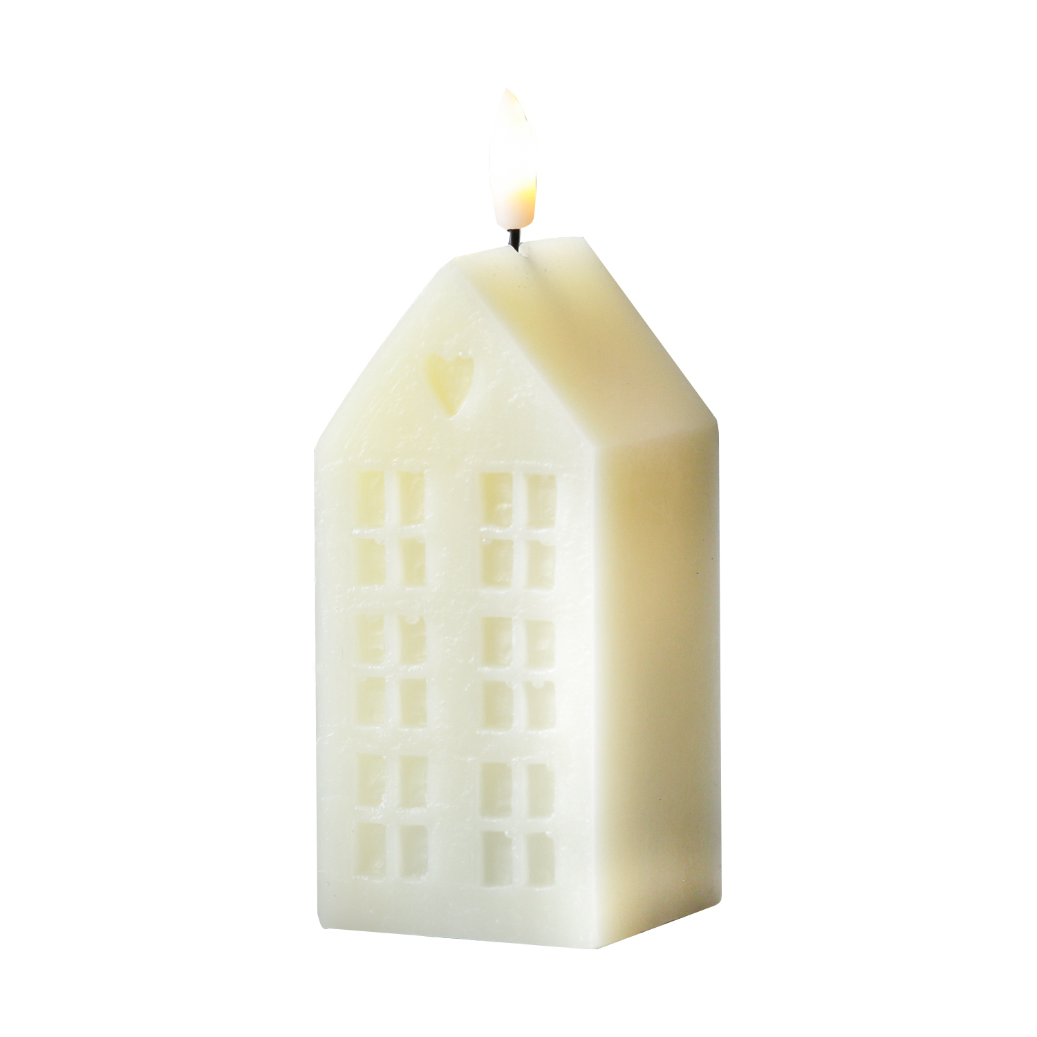 LED Kerze Haus - Echtwachskerze in Hausform - flackernde 3D Flamme - Timer - H: 15cm - creme