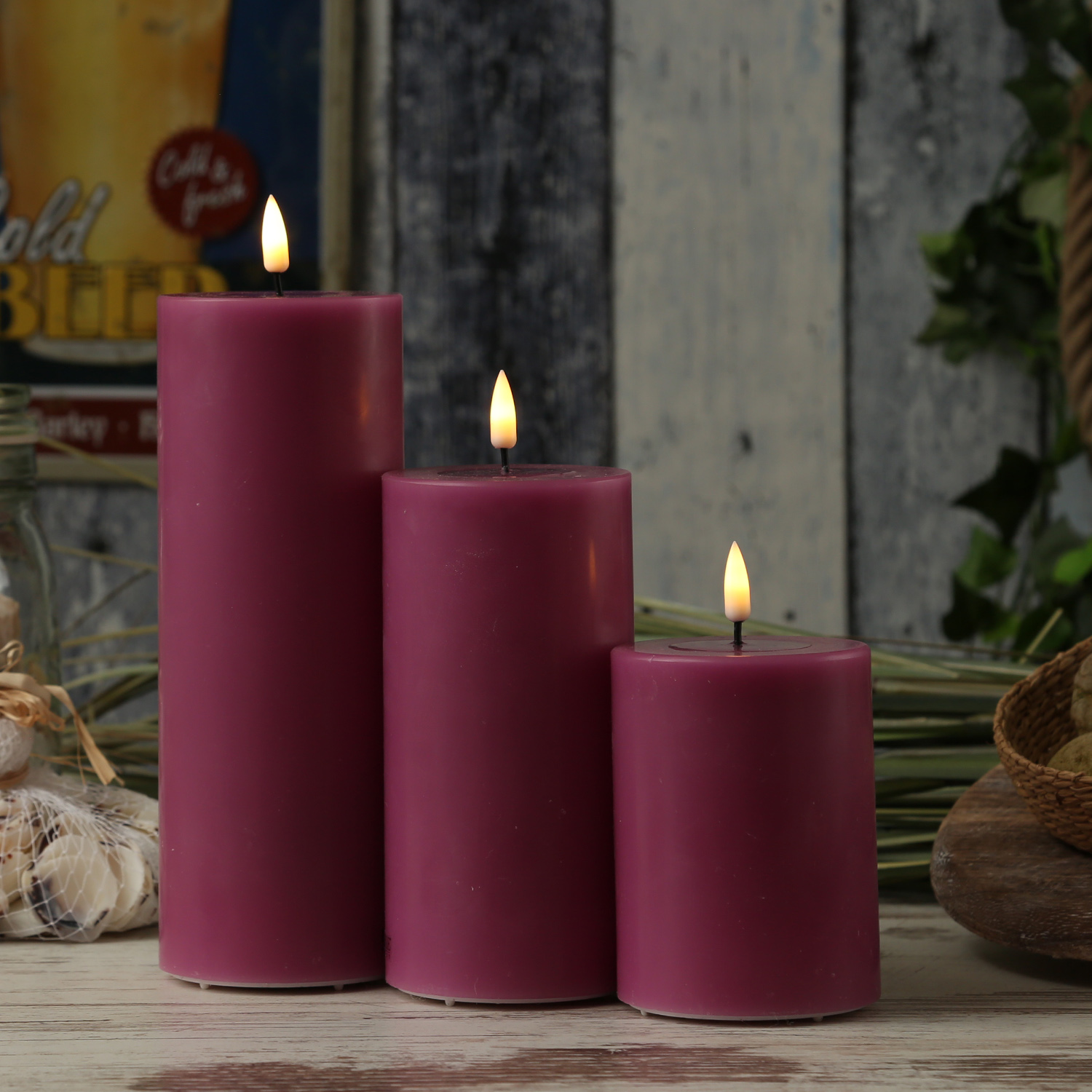 LED Stumpenkerze MIA - Echtwachs - realistische 3D Flamme - H: 15cm - D: 7,5cm - malve