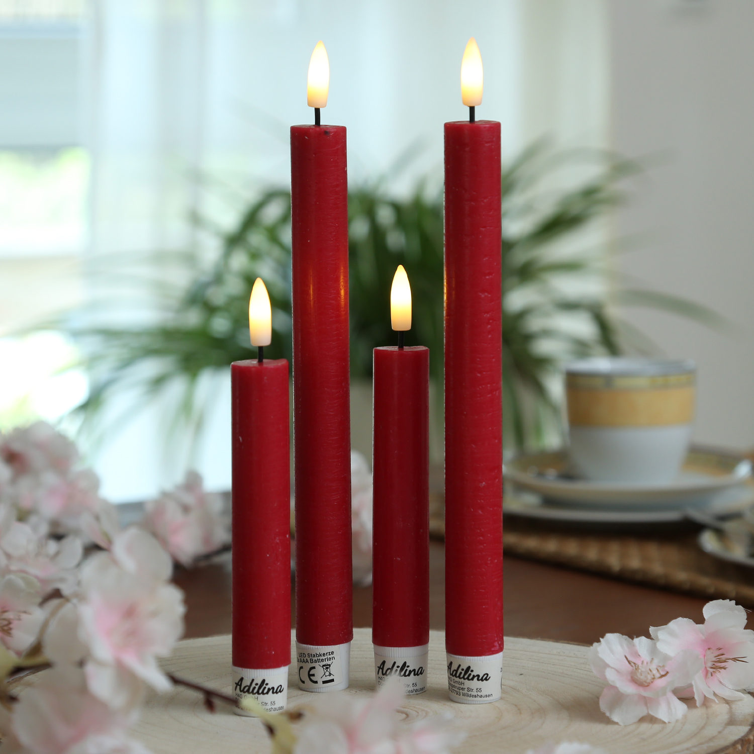 LED Stabkerzen LINA - Rustik-Optik - Echtwachs - 3D Flamme - H: 24cm - Timer - rot - 2er Set