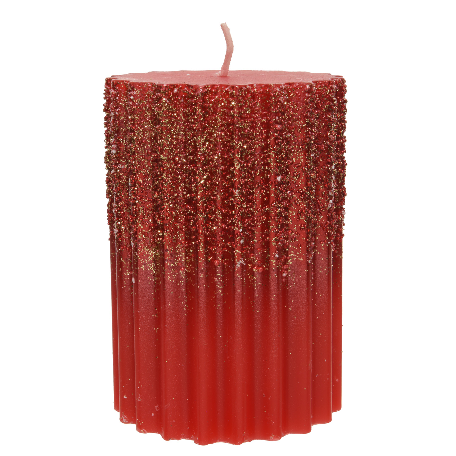 Stumpenkerze - Goldglitzer - geriffelt - H: 10cm - D: 7cm - rot Stumpenkerze - Goldglitzer - geriffelt - H: 10cm - D: 7cm - rot