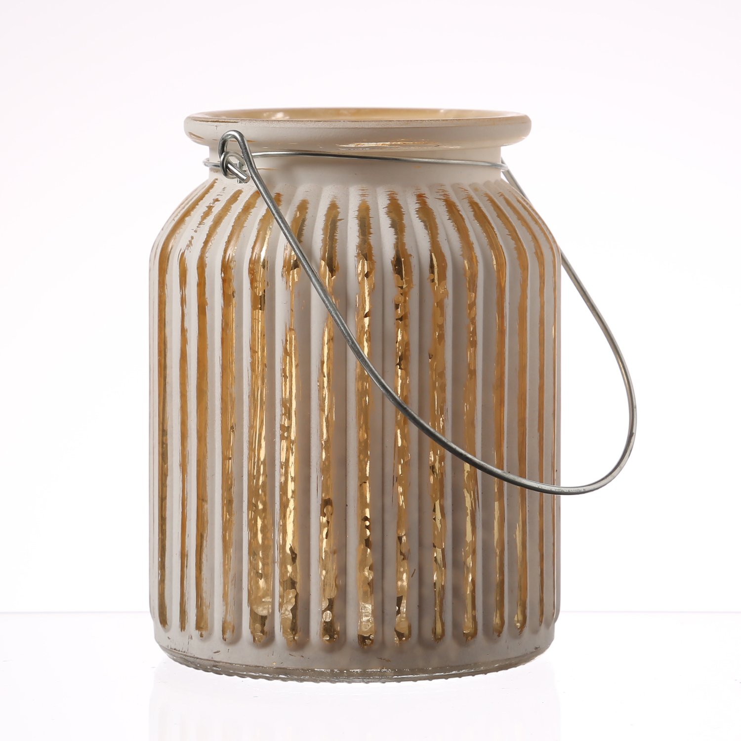 Windlicht  - geriffeltes Glas - Metallhenkel - H: 14,5cm - weiß, gold Windlicht  - geriffeltes Glas - Metallhenkel - H: 14,5cm - weiß, gold