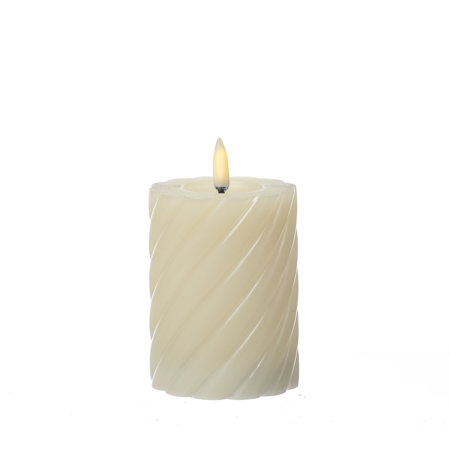 LED Stumpenkerze TWIST - Echtwachs - warmweiße 3D Flamme - H: 12,5cm - Batterie - Timer - creme
