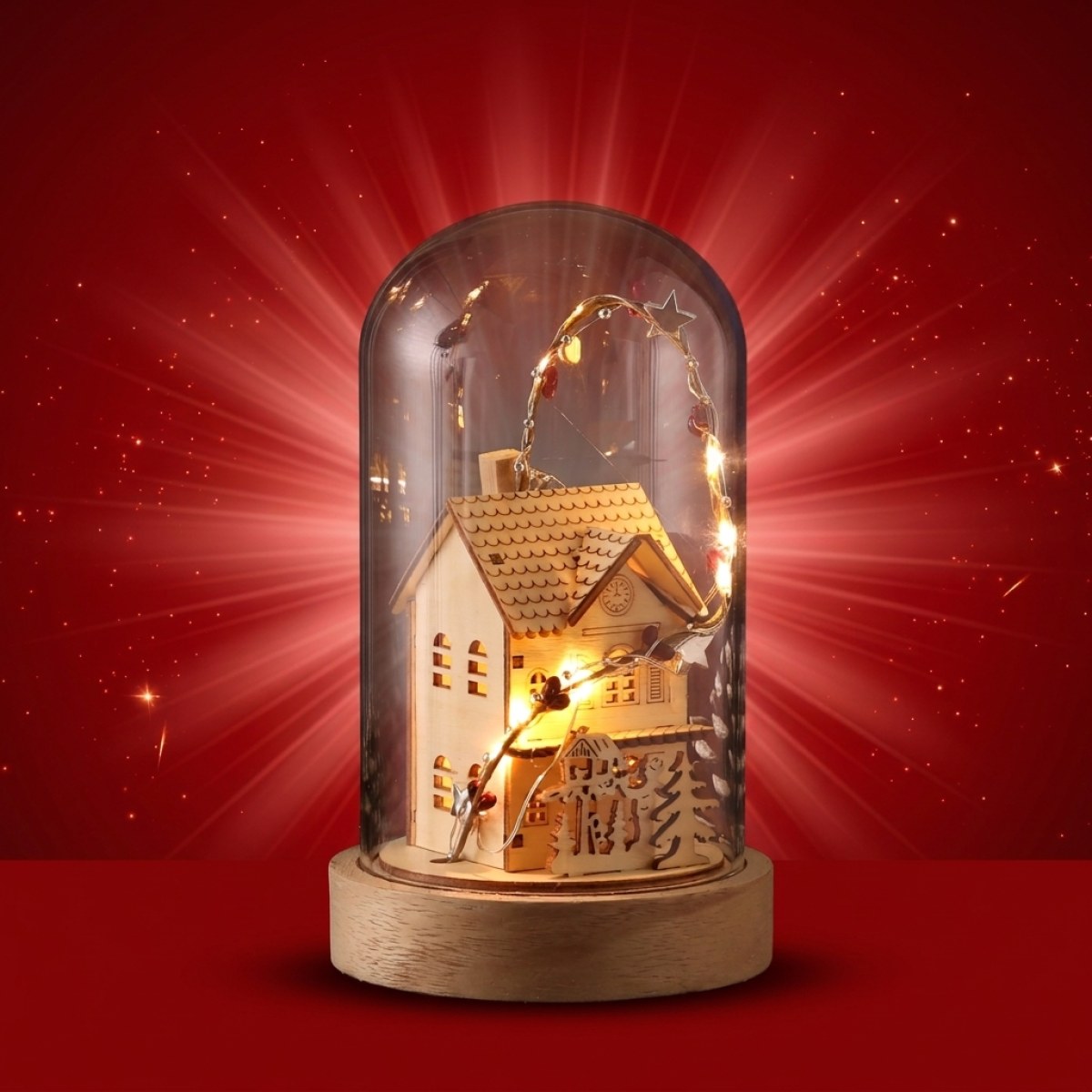 LED Deko Glaskuppel Holzhaus - 10 warmweiße LED - H: 20cm - Batterie - Innen - hellbraun