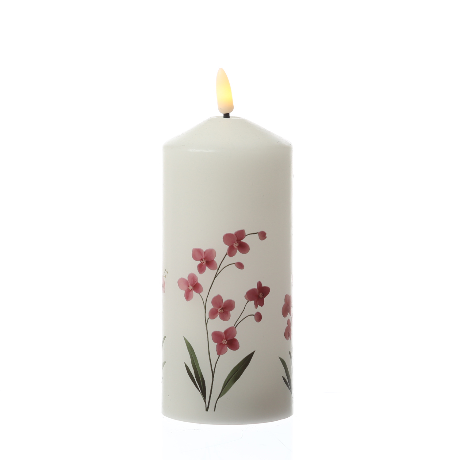 LED Kerze mit Orchideen Motiv - Echtwachskerze mit Blumen Design - H: 18,5cm - D: 7cm - Timer