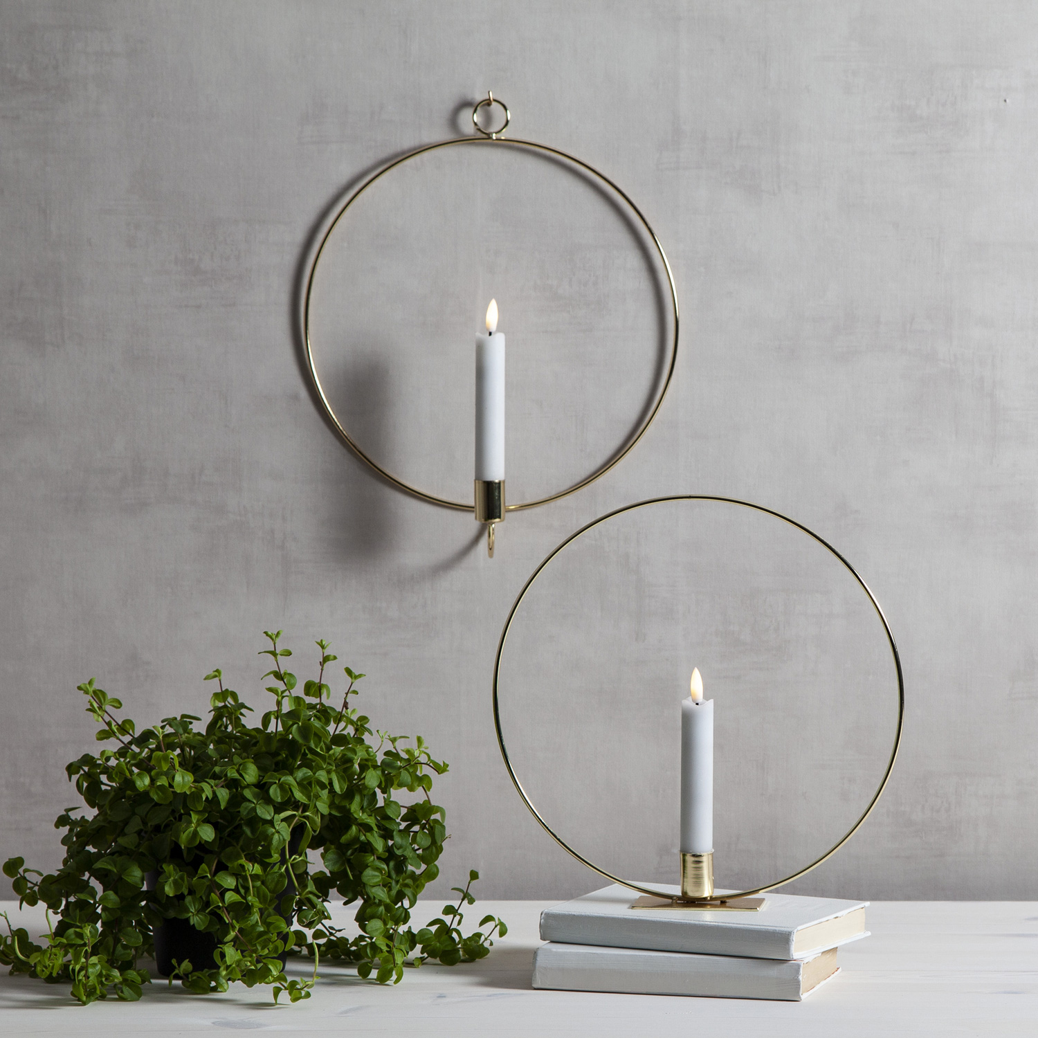 Dekoring mit LED Kerze Flamme - warmweiße LED - mit Wandöse - D: 28cm - Timer - Batterie - gold Dekoring mit LED Kerze Flamme - warmweiße LED - mit Wandöse - D: 28cm - Timer - Batterie - gold