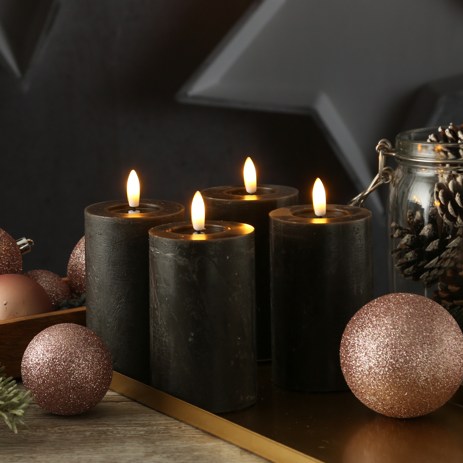 LED Kerzenset LINA - Rustik-Optik - Echtwachs - H: 11cm - D: 7cm - Timer - schwarz - 4er Set