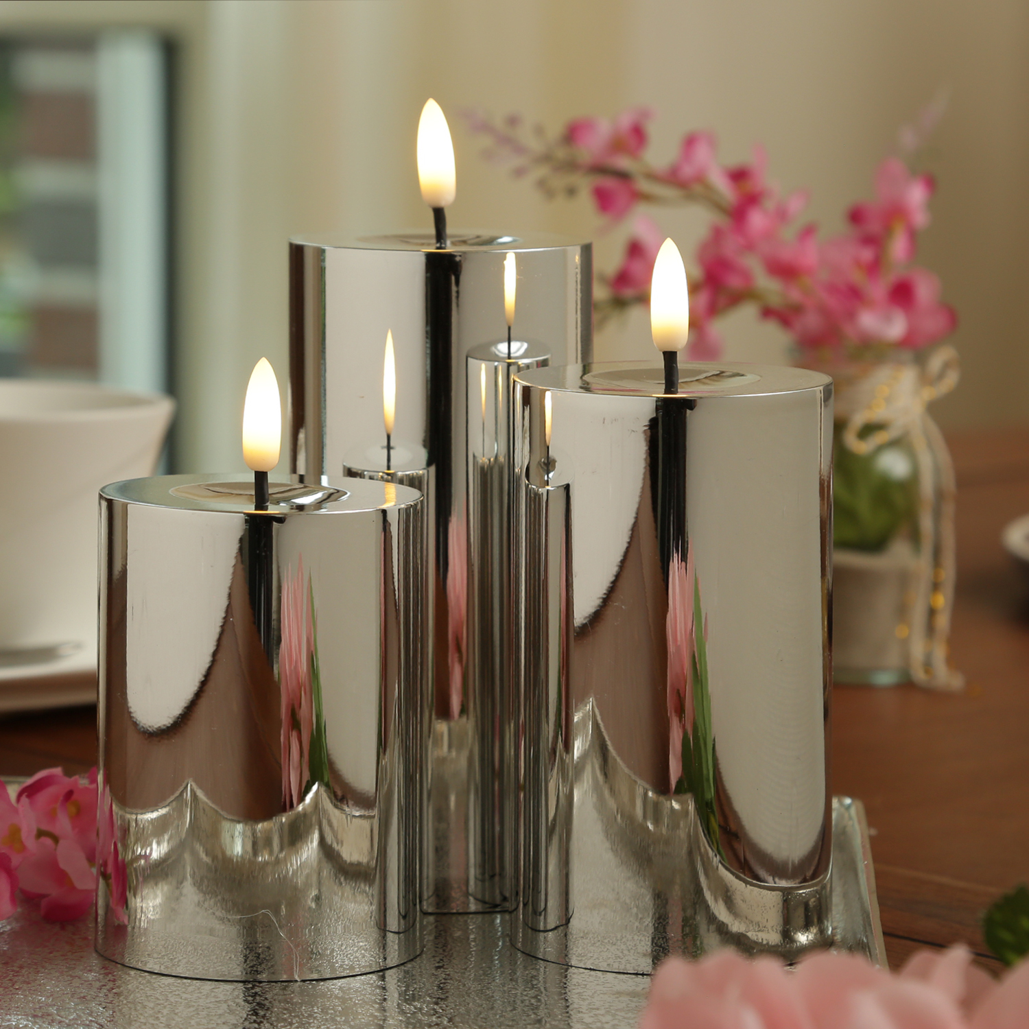 LED Kerzenset - Kunststoff - Timer - 3 Größen - D: 7,5cm - silber glänzend - 3er Set