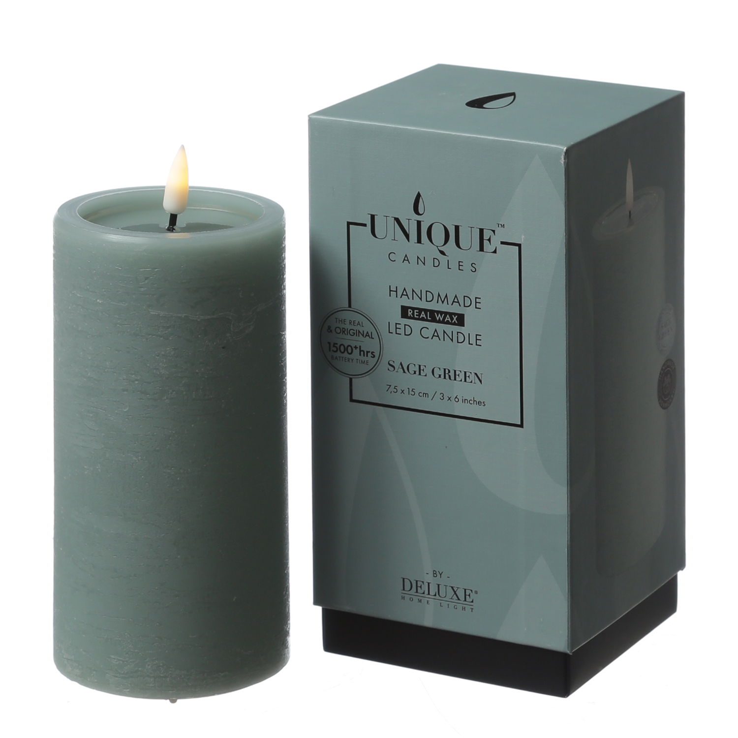 LED Kerze UNIQUE - Rustik-Optik - Echtwachs - H: 15cm - D: 7,5cm - bis zu 1500 Std. - salbeigrün LED Kerze UNIQUE - Rustik-Optik - Echtwachs - H: 15cm - D: 7,5cm - bis zu 1500 Std. - salbeigrün