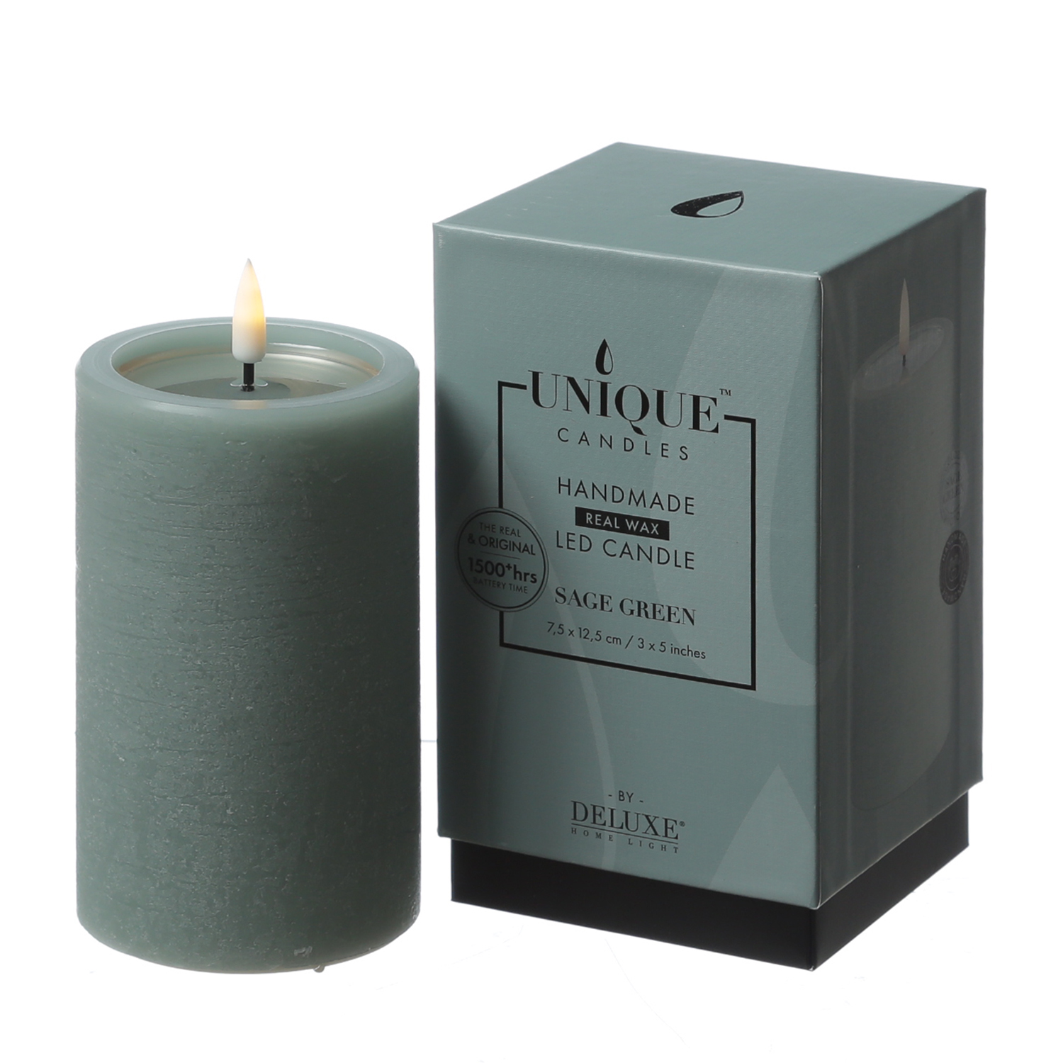 LED Kerze UNIQUE - Rustik-Optik - Echtwachs - H: 12,5cm - D: 7,5cm - bis zu 1500 Std. - salbeigrün LED Kerze UNIQUE - Rustik-Optik - Echtwachs - H: 12,5cm - D: 7,5cm - bis zu 1500 Std. - salbeigrün