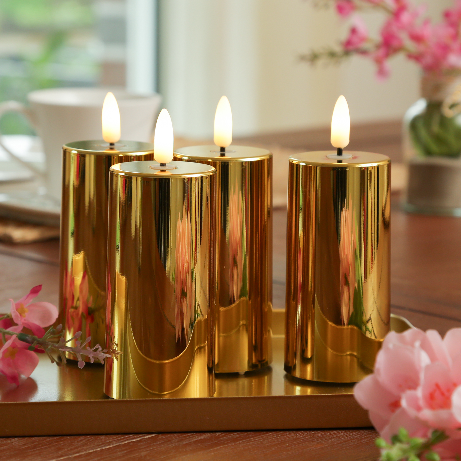 LED Kerzenset - Kunststoff - Timer - H: 12,5cm - D: 5cm - gold glänzend - 4er Set