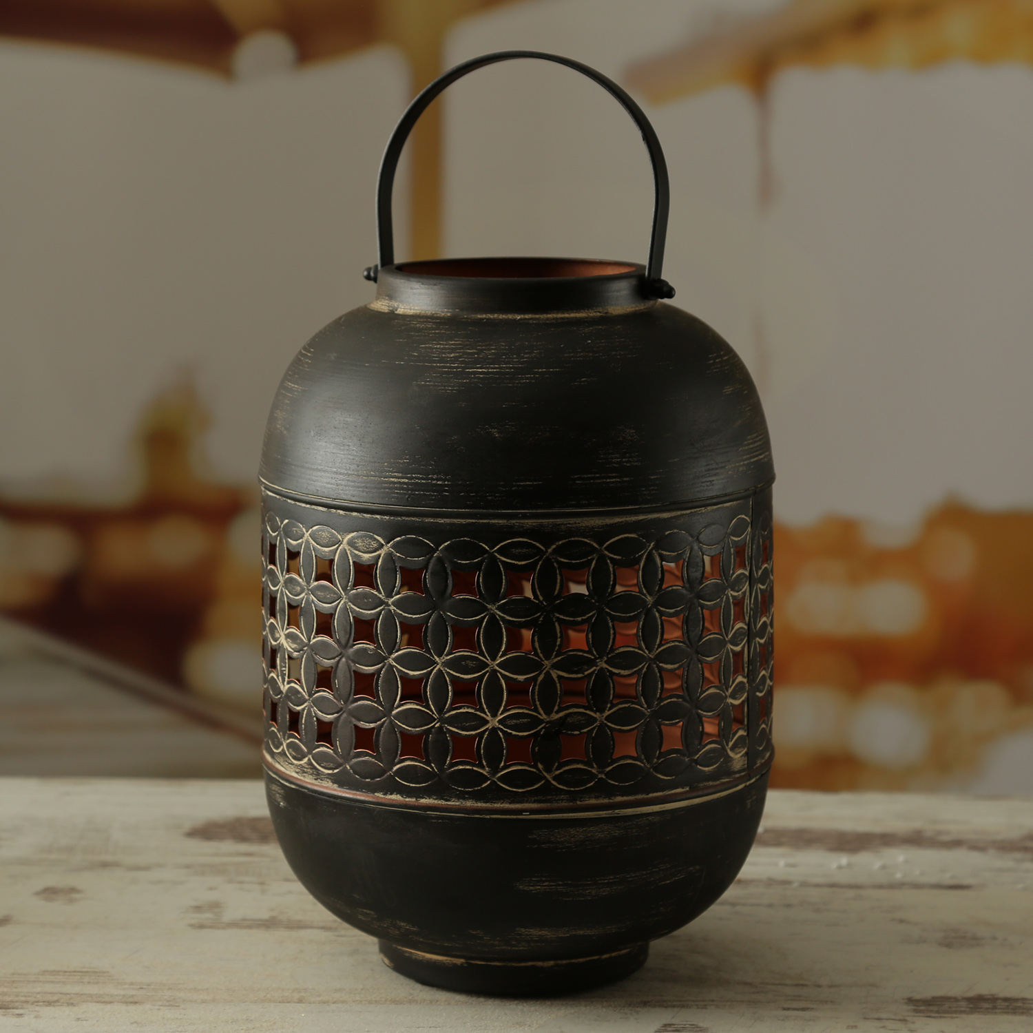 Laterne - Windlicht mit Henkel - Metall - H: 31cm - schwarz, kupfer Laterne - Windlicht mit Henkel - Metall - H: 31cm - schwarz, kupfer