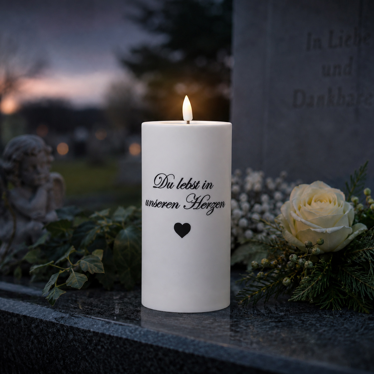 LED Grabkerze MIA - mit Schrift - Grablicht - 3D Flamme - H: 12,5cm - D: 7,5cm - weiß - für Außen