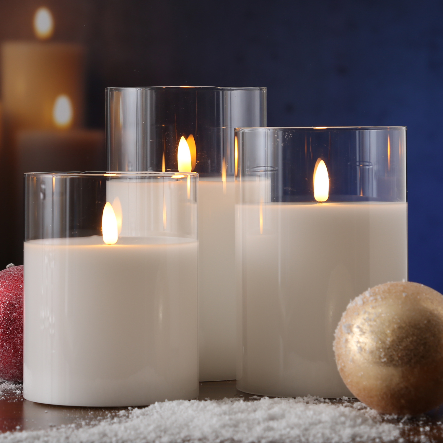 LED Kerze im Glas - Windlicht - Echtwachs - flackernde 3D Flamme - Timer - H: 17,5cm - D:10cm - weiß LED Kerze im Glas - Windlicht - Echtwachs - flackernde 3D Flamme - Timer - H: 17,5cm - D:10cm - weiß