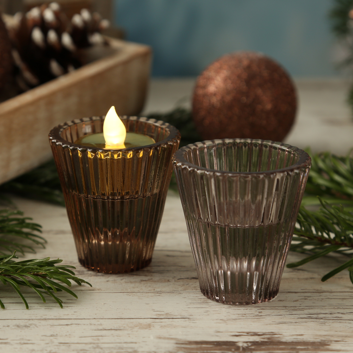 Kerzenhalter - 2in1 - Teelichthalter oder Stabkerzenhalter - Glas - H: 6,5cm - braun, grau - 2er Set Kerzenhalter - 2in1 - Teelichthalter oder Stabkerzenhalter - Glas - H: 6,5cm - braun, grau - 2er Set