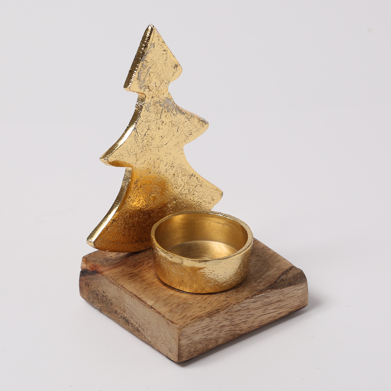 Teelichthalter TANNENBAUM - Aluminium - Mangoholzsockel - H: 13,2cm - natur, gold