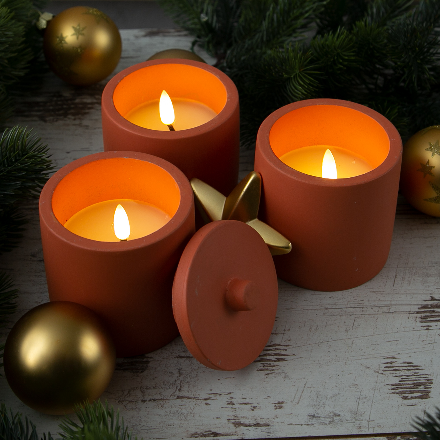 LED Kerzen im Topf - mit Deckel - Betonoptik - Timer - H- 10cm D- 8cm - terracotta - 3er Set
