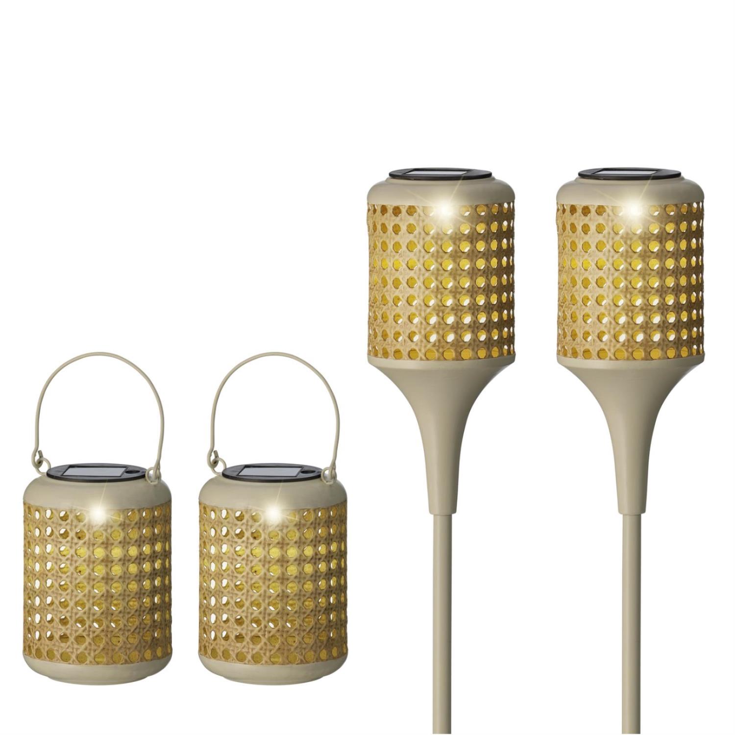 B-Ware LED Solar Laternen und Gartenstecker - zwei Henkel u. zwei Erdspieße -  D: 10,5cm - natur - 4er Set