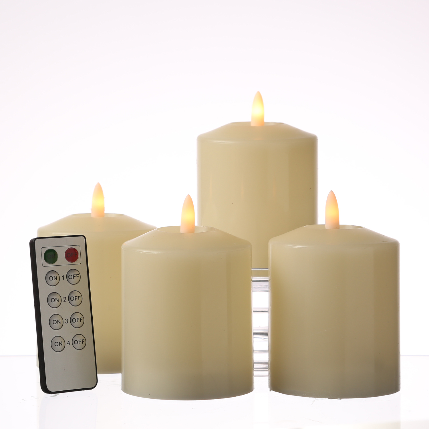 LED Kerzenset - Echtwachs - flackernde 3D Flamme - H: 11,5cm - Fernbedienung - creme - 4er Set