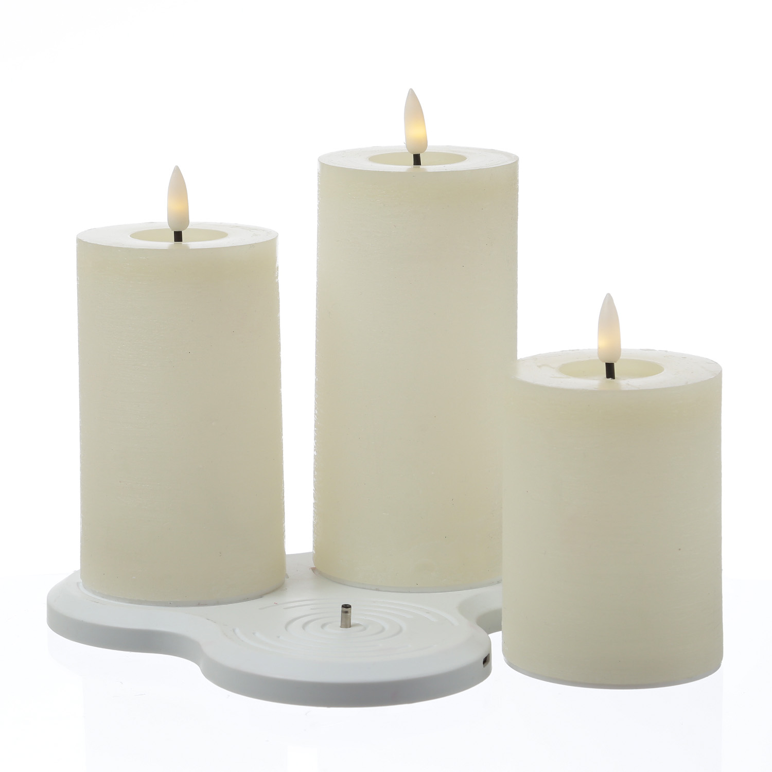 LED Kerzenset LISA - Rustik-Optik - Echtwachs - 3 Größen - mit Ladestation - creme - 3er Set