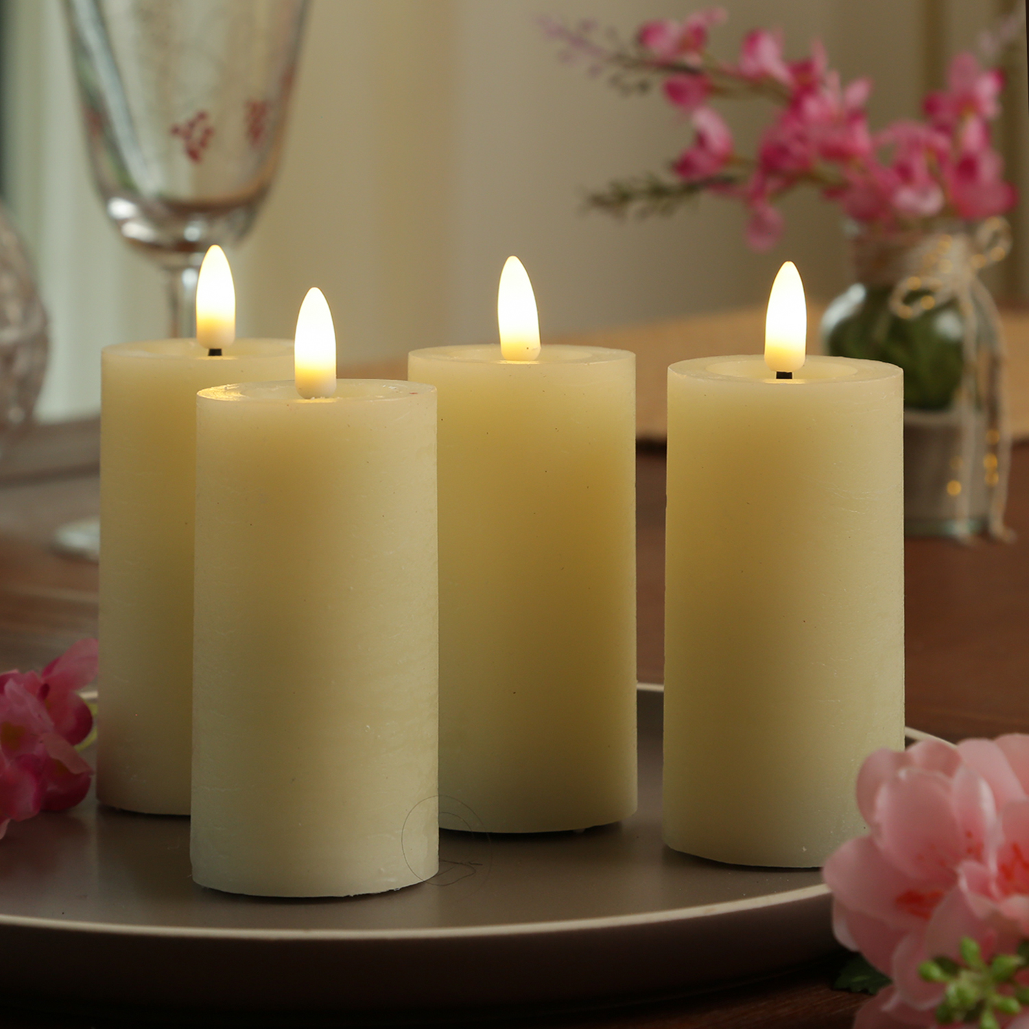 LED Kerzenset LINA - Rustik-Optik - Echtwachs - H: 12,5cm - D: 5cm - Timer - creme - 4er Set