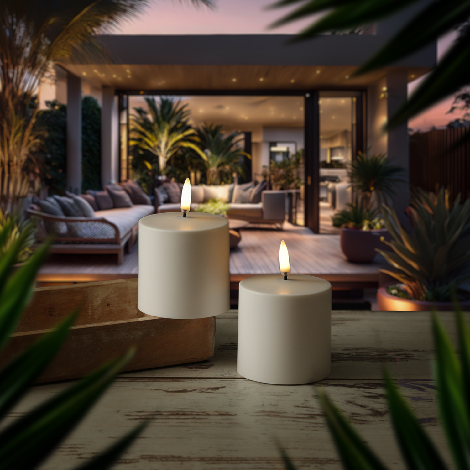 LED Kerzen - 2 wiederaufladbare LED Stumpenkerzen - H: 6,8cm - D: 6,8cm - Timer - weiß - für Außen
