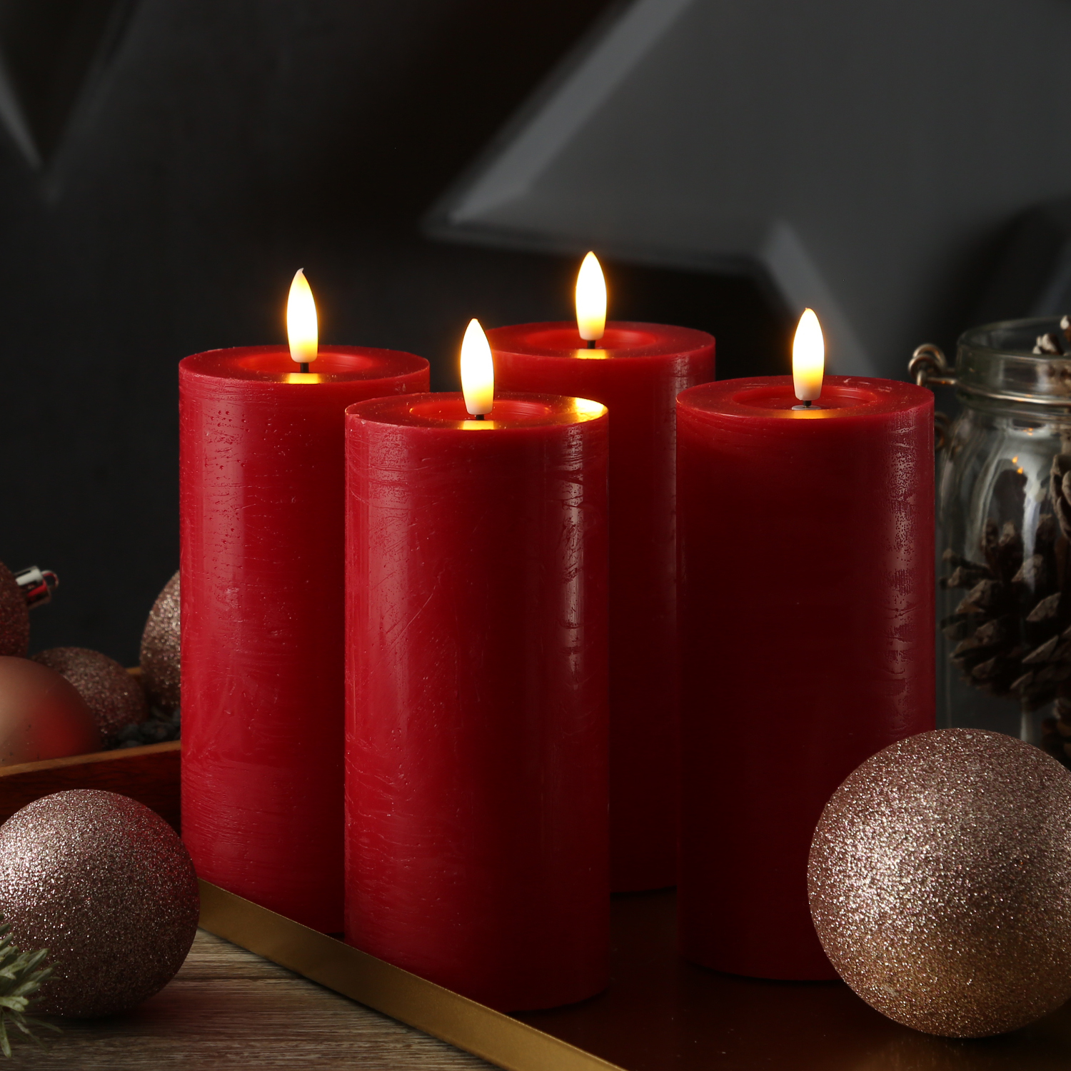 LED Kerzenset LINA - Rustik-Optik - Echtwachs - H: 15cm - D: 7cm - Timer - rot - 4er Set