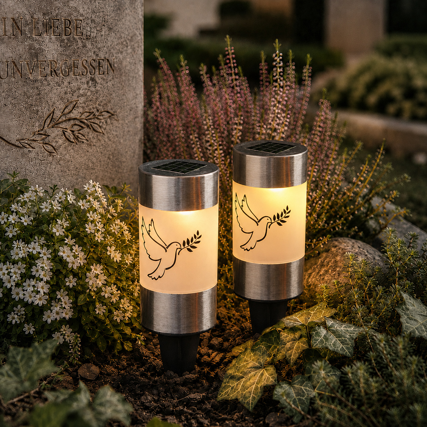 LED Solar Grablichter Taube - Grabkerzen - H: 14cm - D: 6cm - Lichtsensor - mit Erdspieß - 2er Set