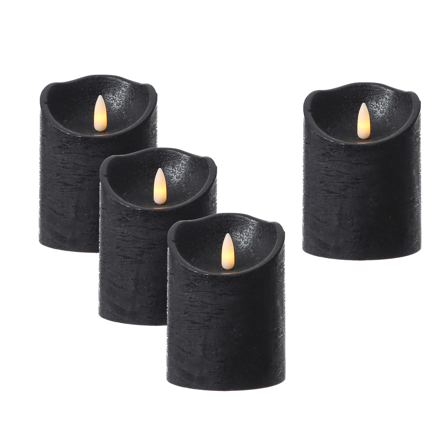 LED Stumpenkerzen RUSTIC - Echtwachs - warmweiße 3D Flamme - H:10cm - Timer - schwarz - 4er Set LED Stumpenkerzen RUSTIC - Echtwachs - warmweiße 3D Flamme - H:10cm - Timer - schwarz - 4er Set