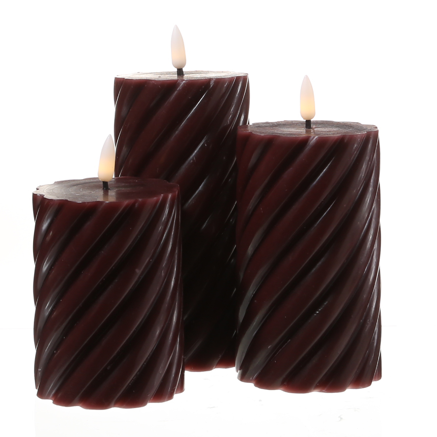 LED Stumpenkerze SWIRL - Echtwachs - warmweiße 3D Flamme - H: 15cm - Batterie - Timer - weinrot