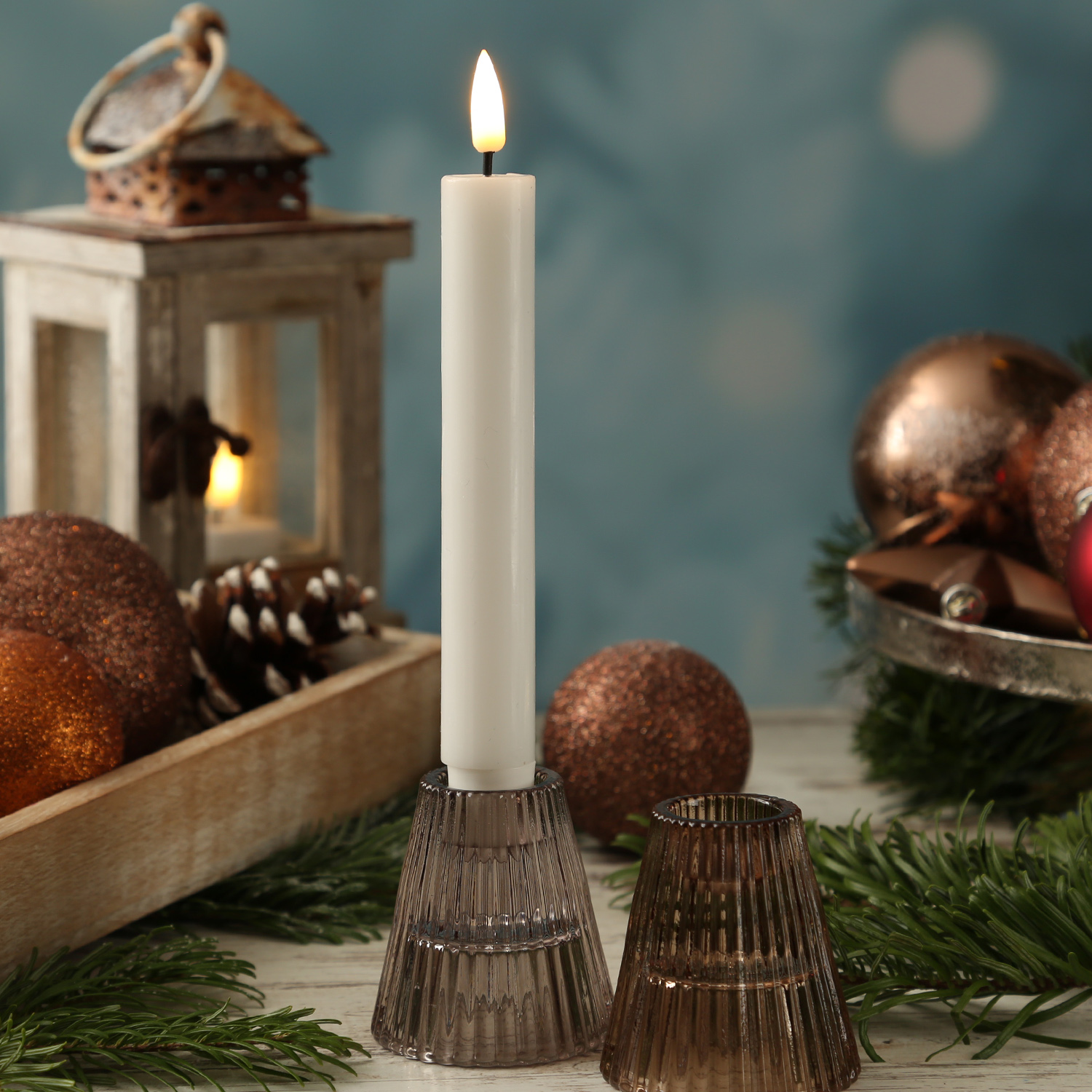 Kerzenhalter - 2in1 - Teelichthalter oder Stabkerzenhalter - Glas - H: 6,5cm - braun, grau - 2er Set Kerzenhalter - 2in1 - Teelichthalter oder Stabkerzenhalter - Glas - H: 6,5cm - braun, grau - 2er Set