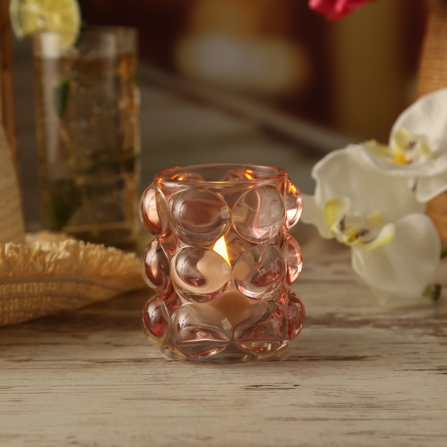 Teelichthalter BUBBLE - Windlicht - Glas - H: 9cm - D: 9,5cm - rosa