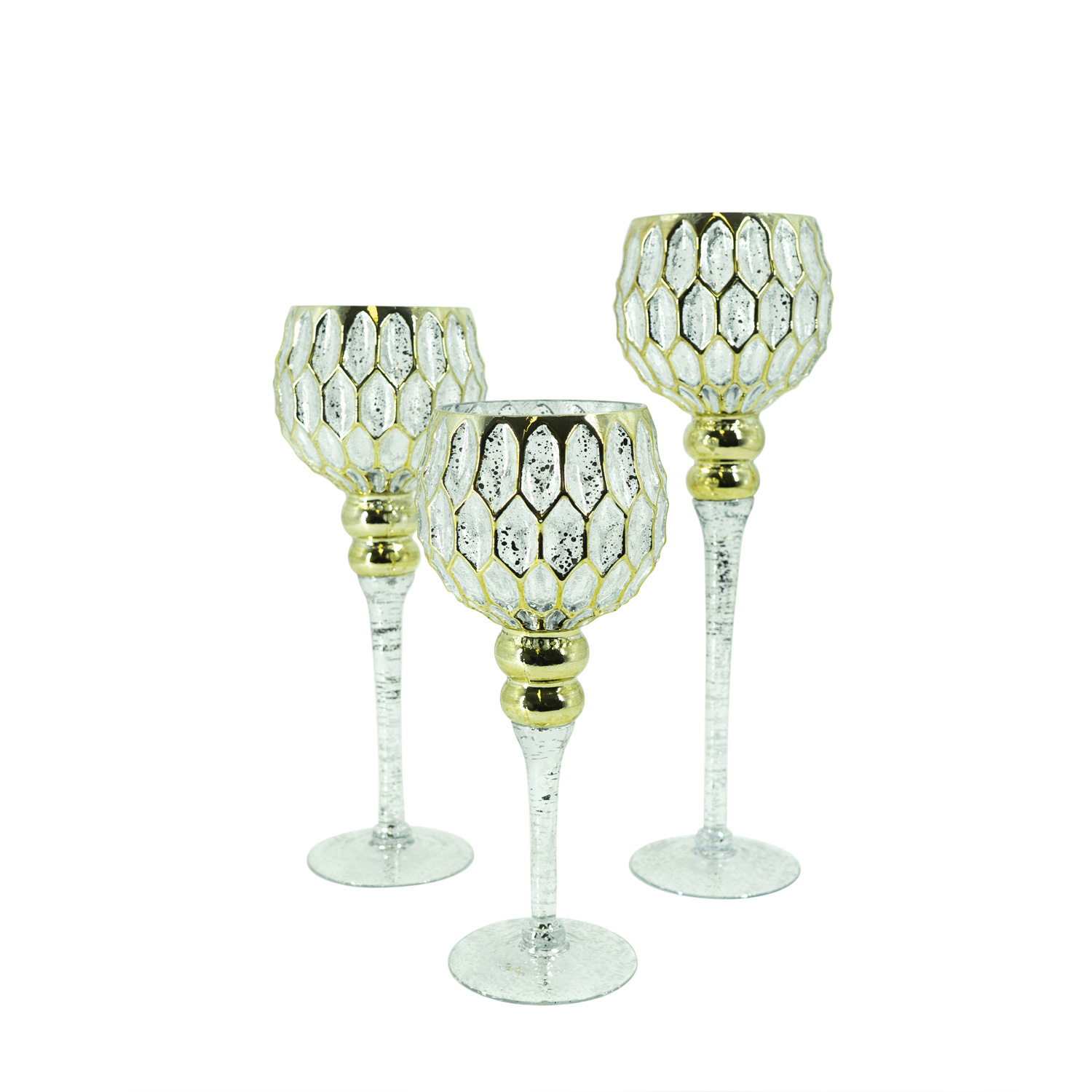 Kerzenhalter Kelch CORDOBA - Glas - H: 30,5cm, 34,5cm, 40cm - gold - 3er Set