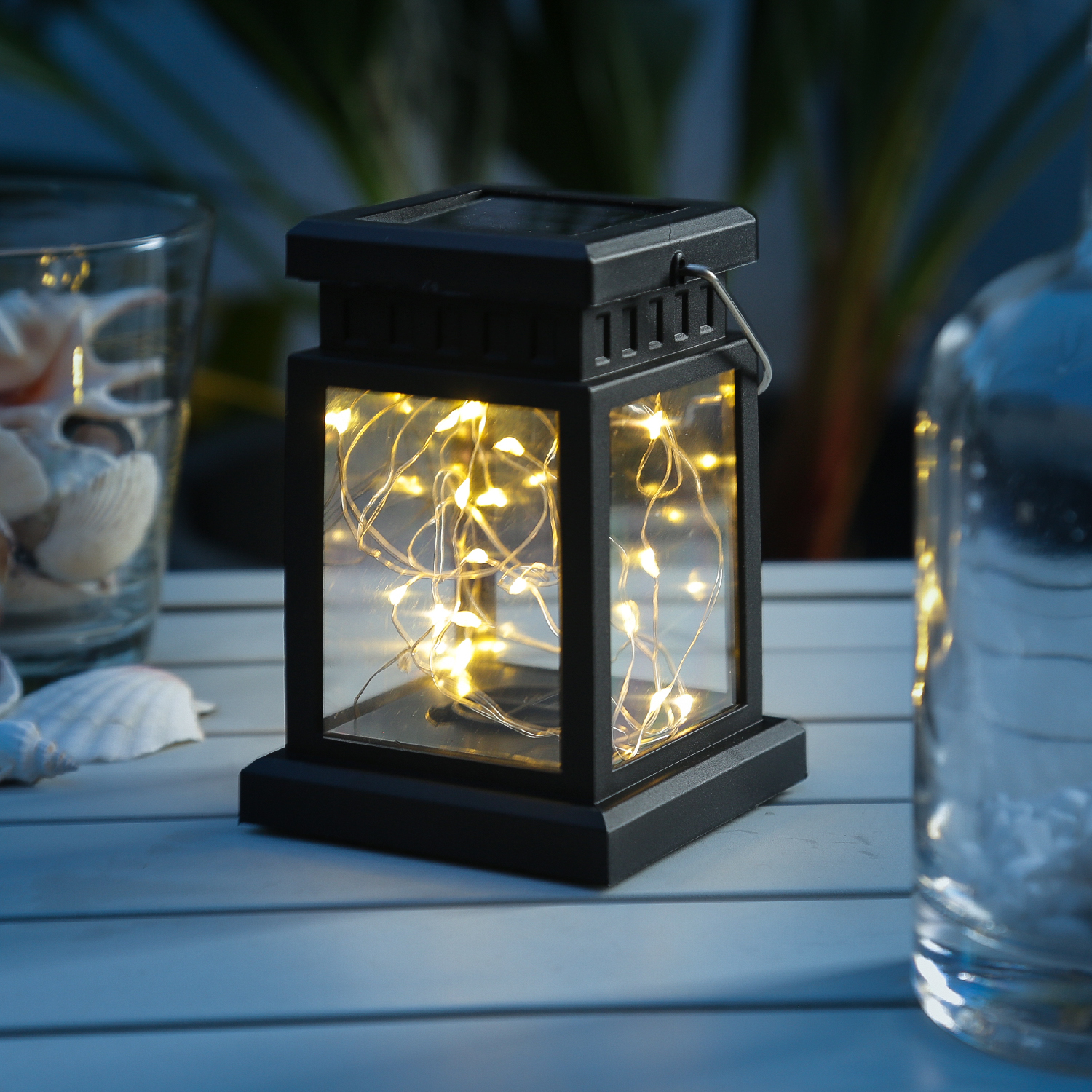 LED Solar Mini Laternen - 20 warmweiße LED - Dämmerungssensor - H 125cm - schwarz - 2er Set