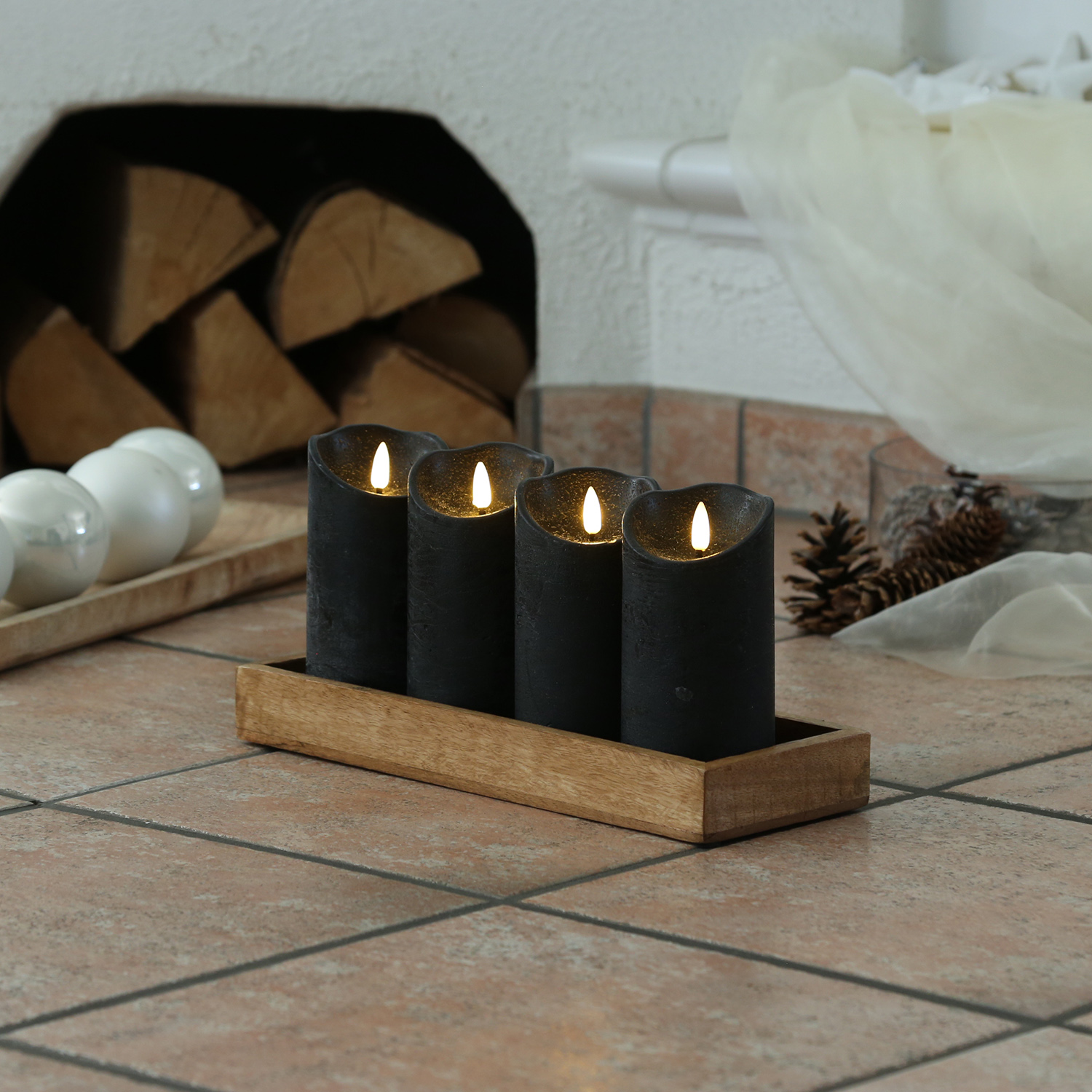 LED Stumpenkerzen RUSTIC - Echtwachs - warmweiße 3D Flamme - H: 15cm - Timer - schwarz - 4er Set