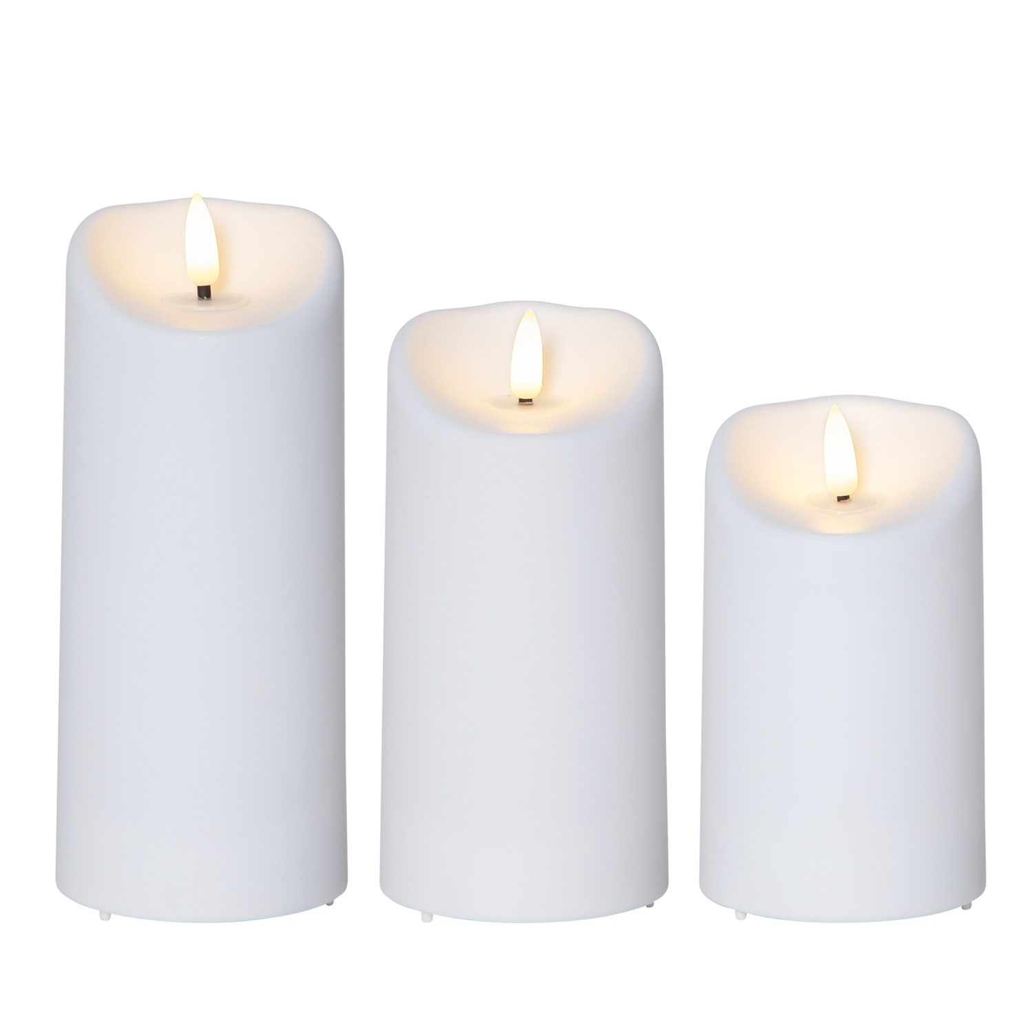 LED Stumpenkerze Flamme - Kunststoff - warmweiße 3D Flamme - Timer - für Außen - weiß - 3er Set LED Stumpenkerze Flamme - Kunststoff - warmweiße 3D Flamme - Timer - für Außen - weiß - 3er Set