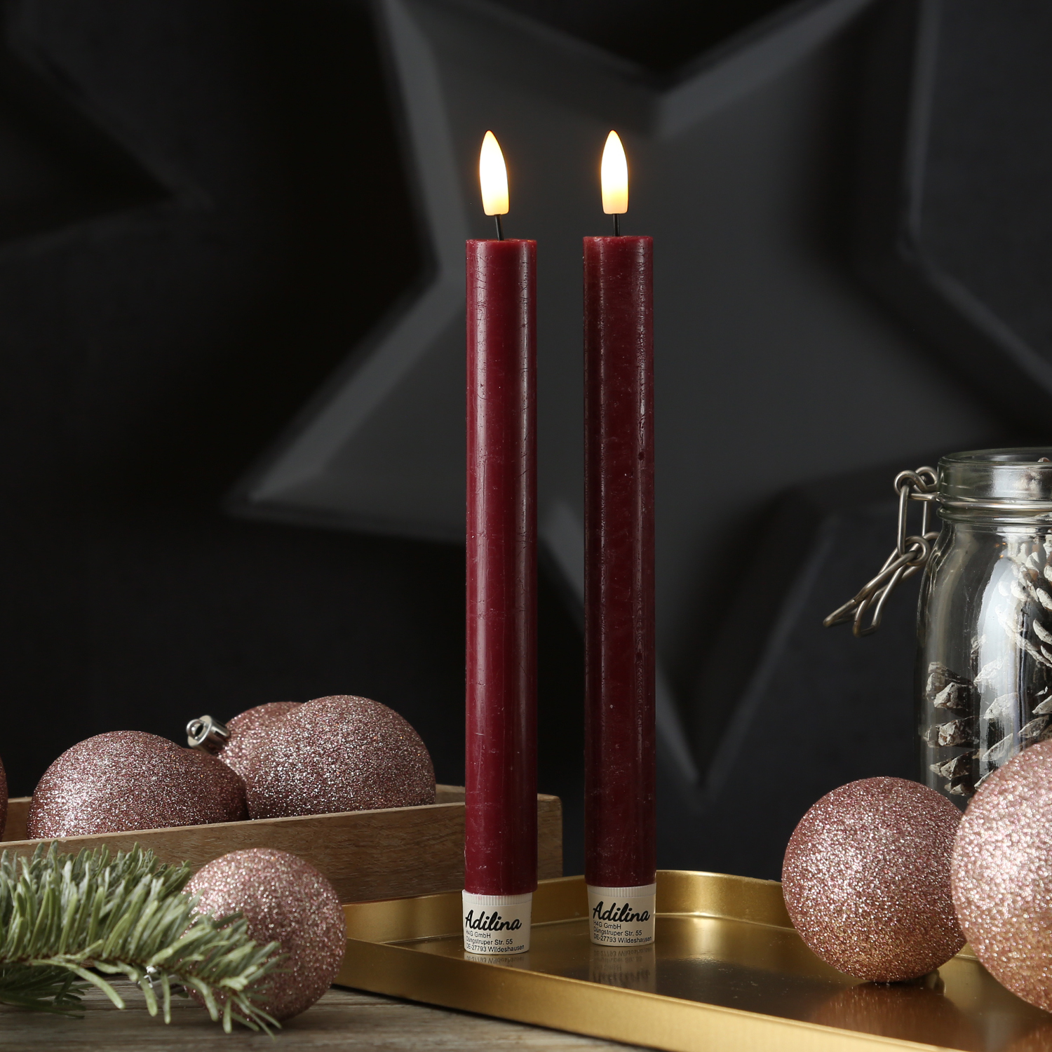 LED Stabkerzen LINA - Rustik-Optik - Echtwachs - 3D Flamme - H: 24cm - Timer - bordeauxrot - 2er Set