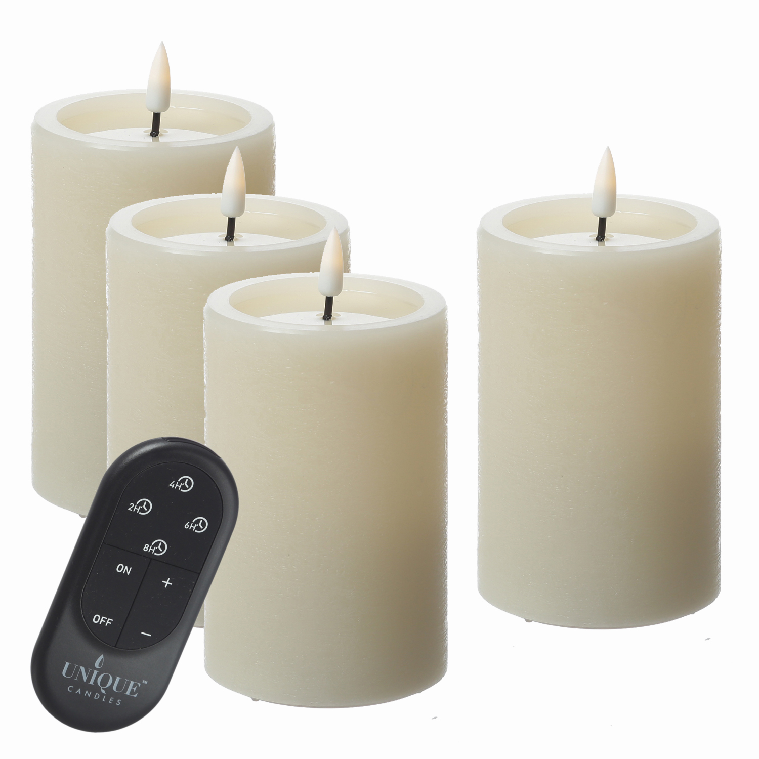 LED Kerzenset UNIQUE - Rustik-Optik - H: 12,5cm - mit Batterien und Fernbedienung - creme - 4er Set
