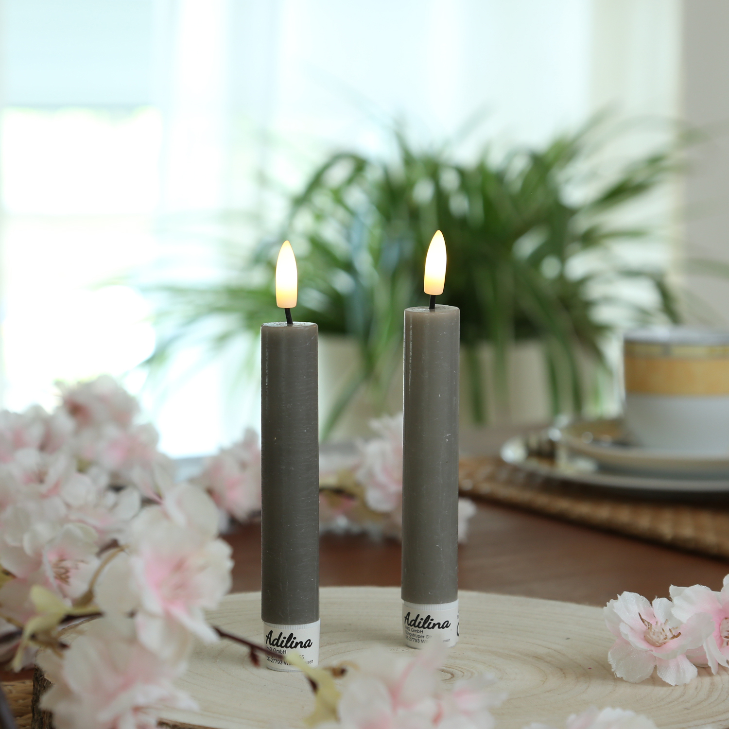 LED Stabkerzen LINA - Rustik-Optik - Echtwachs - 3D Flamme - H: 16cm - Timer - grau - 2er Set