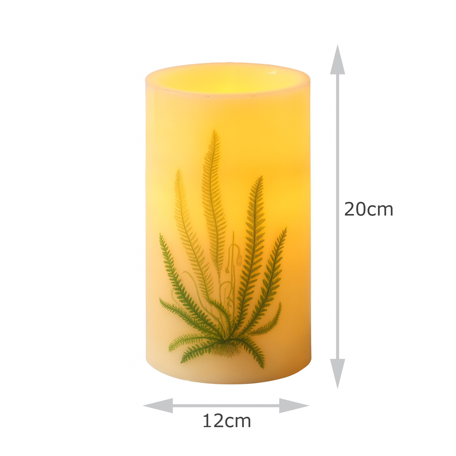 XXL LED Kerze mit Farndruck - Echtwachs - flackernde LED - H: 20cm - D: 12cm - weiß/grün