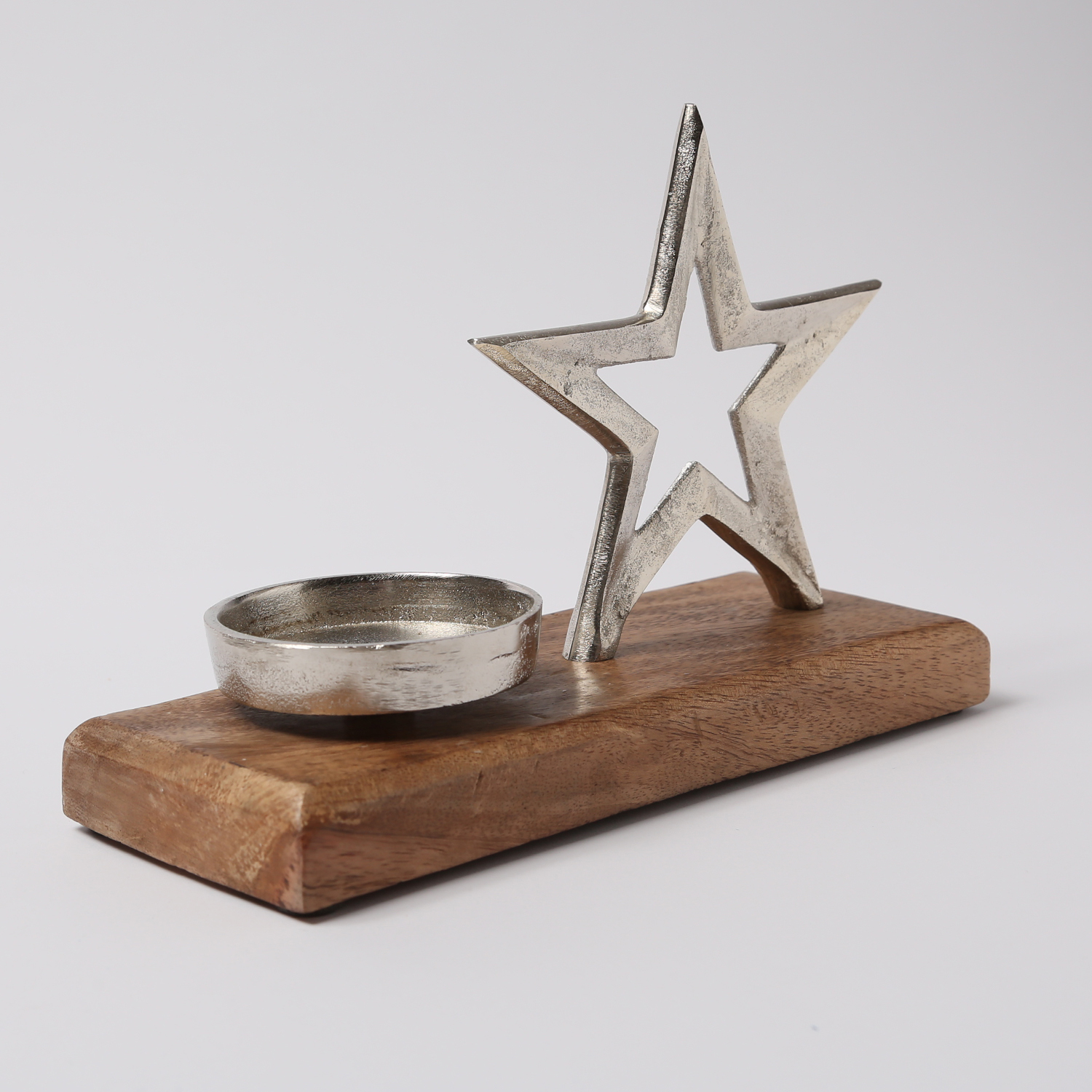 Teelichthalter STERN - Aluminium - Mangoholzsockel - H: 6cm - natur, silber Teelichthalter STERN - Aluminium - Mangoholzsockel - H: 6cm - natur, silber