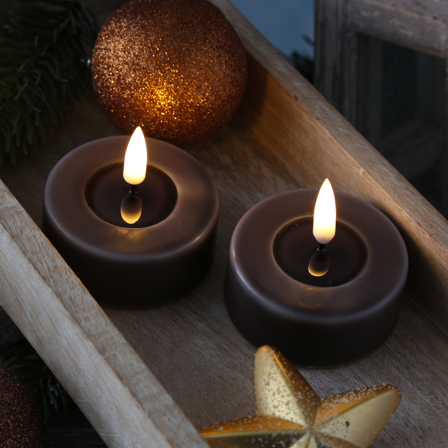 LED Teelichter MIA - Kunststoff - realistische 3D Flamme - D: 6,1cm - mokkafarben - 2 Stk. LED Teelichter MIA - Kunststoff - realistische 3D Flamme - D: 6,1cm - mokkafarben - 2 Stk.