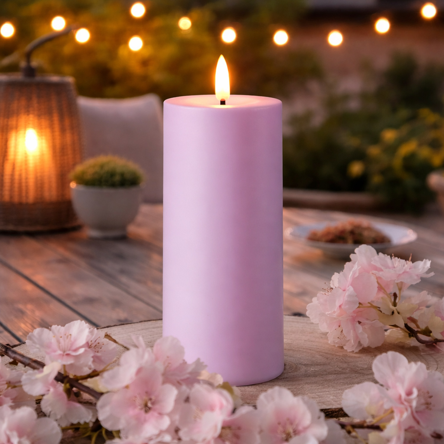 LED Solar Kerze - Outdoorkerze - H: 15cm, D: 7cm - Dämmerungssensor - für Außen - lila